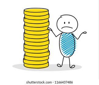 Sad stickman showing money stack. Vector.