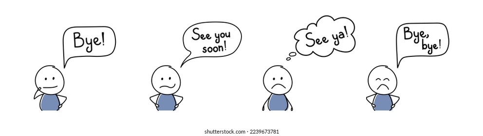 Sad stickman with speech bubble - bye, see ya, see you soon. Vector