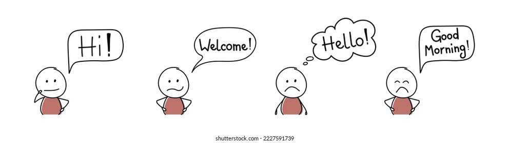 Sad stickman with speech bubble - welcome, hello, hi, good morning. Vector