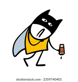 Sad stickman superhero in a raincoat and mask wanders with empty cup of coffee. Vector illustration character from a comic book does not have the energy for a feat and salvation. Cute person isolated.