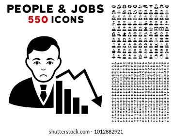 Sad Stock Trader pictograph with 550 bonus pitiful and glad men clip art. Vector illustration style is flat black iconic symbols.