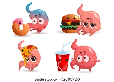 Sad stomach character with fast food. Human gastric bloating, indigestion and stomachache. Vector set of cartoon sick digestion organ with hamburger, pizza, donut and soda isolated on white background