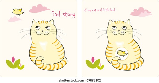 Sad story of my cat and little bird, mini-comic