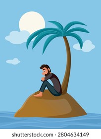 Sad Stranded Castaway Sitting Under Palm Tree On Desert Island. Lonely man sits beneath tropical foliage reflecting deeply upon remote oceanic sandy beach 