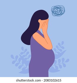 Sad and stressed pregnant woman in flat design. Negative emotion. Anxiety pregnancy symptom.