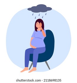 Sad and stressed pregnant woman in flat design. Negative emotion. Anxiety pregnancy symptom.