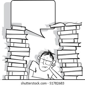 Sad student with a big pile of books