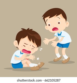 Sad Student Boy Having Bruises On His Leg.Pupil Looking At Friend Getting Wound.Clumsy Kid