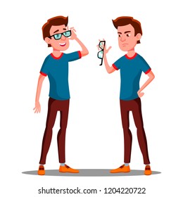 Sad Student With Broken Glasses Vector. Isolated Illustration
