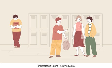 Sad student holding a book and stands apart from the company. Happy children talk. Problem in communication in school. Depressed teenager. Concept vector illustration. Vector people in interior