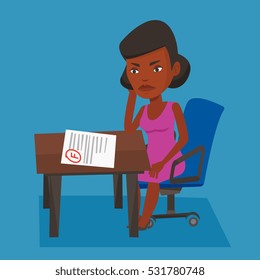 Sad student looking at test paper with bad mark. An african-american student disappointed test with F grade. Student dissatisfied with the test results. Vector flat design illustration. Square layout.