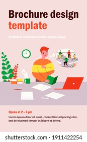 Sad student reading book at desk with computer. Guy dreaming of outdoor activities with friends flat vector illustration. Education, homework concept for banner, website design or landing web page