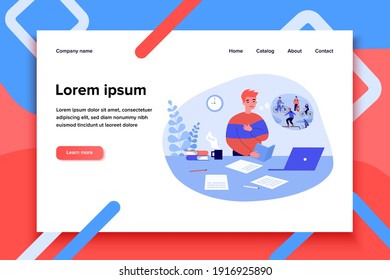 Sad student reading book at desk with computer. Guy dreaming of outdoor activities with friends flat vector illustration. Education, homework concept for banner, website design or landing web page