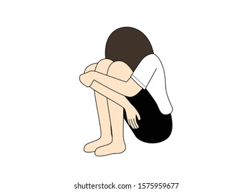 Sad student woman sitting and hugging her knees on white background, Cartoon vector illustration