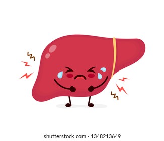 Sad Suffering Cry Sick Cute Liver Character Pain Disease Face.Vector Flat Cartoon Kawaii Illustration Icon Design.Isolated On White Backgound.Unhealthy Sad Liver,pain,disease,fatty,hepatitis B Concept