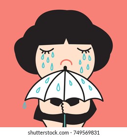 Sad And Suffering Girl Crying Tears Drop Onto Umbrella Concept Card Character illustration