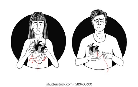 Sad and suffering man and woman loss of love. broken heart concept. hand drawn illustration