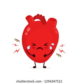 Sad suffering sick crying cute heart character. Vector flat cartoon kawaii illustration icon design. Isolated on white backgound. Heart attack,broken,sick,paun,ache concept