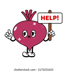 Sad suffering sick cute beet asks for help character. Vector flat cartoon illustration icon design. Isolated on white backgound. Suffering unhealthy beet character