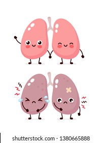 Sad suffering sick cute and healthy happy smiling lungs character. Vector flat cartoon illustration icon design. Isolated on white backgound. Suffering unhealthy cry and happy lungs character concept