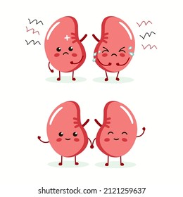 Sad suffering sick cute and healthy happy smiling kidneys character. flat cartoon illustration icon design. Isolated on white backgound. Unhealthy cry and happy kidneys character concept