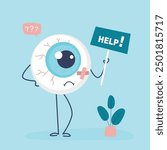 Sad suffering sick cute human eyeball, internal organ asks for help. Hurt eyeball character with bandage. Sad and sick eye or human organ. Eyesight concept. cartoon flat vector illustration