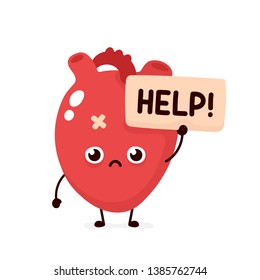 Sad suffering sick cute human heart organ asks for help character. Vector flat cartoon illustration icon design. Isolated on white backgound. Suffering unhealthy heart character concept