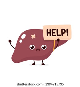 Sad suffering sick cute human liver organ asks for help character. Vector flat cartoon illustration icon design. Isolated on white backgound. Suffering unhealthy liver character concept