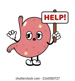 Sad Suffering Sick Cute Human Stomach Organ Asks For Help Character. Vector Flat Cartoon Illustration Icon Design. Isolated On White Backgound. Suffering Unhealthy Stomach Character