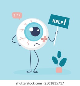 Sad suffering sick cute human eyeball, internal organ asks for help. Hurt eyeball character with bandage. Sad and sick eye or human organ. Eyesight concept. cartoon flat vector illustration