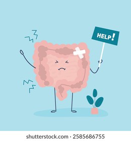 Sad suffering sick cute human intestines, internal organ asks for help. Hurt intestines character with bandage. Sad and sick part of belly or internal human organ. cartoon flat vector illustration