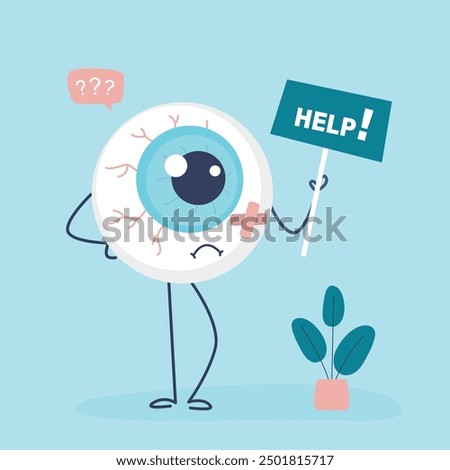 Sad suffering sick cute human eyeball, internal organ asks for help. Hurt eyeball character with bandage. Sad and sick eye or human organ. Eyesight concept. cartoon flat vector illustration