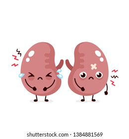 Sad suffering sick cute kidneys character. Vector flat cartoon illustration icon design. Isolated on white backgound. Suffering cry couple of human kidneys character concept