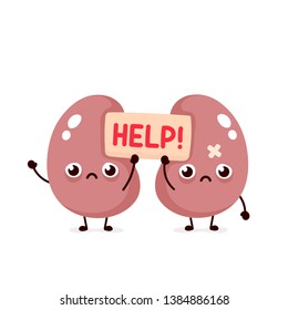 Sad suffering sick cute kidneys ask help character.Vector flat cartoon illustration icon design. Isolated on white backgound. Kidney damage,illness.Suffering cry couple human kidneys character concept