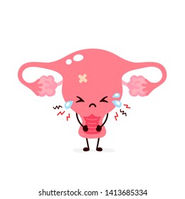 Sad suffering sick cute uterus character. Vector flat cartoon illustration icon design. Isolated on white backgound. Suffering cry uterus character concept