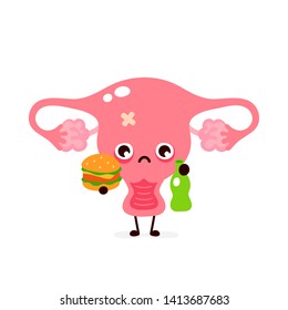 Sad suffering sick cute uterus character.Unhealthy food nutrition.Fast food burger and alcohol. Vector flat cartoon illustration icon design. Isolated on white backgound