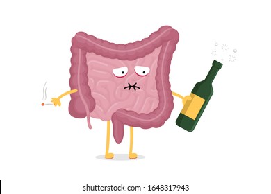 Sad suffering sick drunk intestines character with alcohol bottle and cigarette. Abdominal cavity digestive and unhealthy excretion human internal organ. Bad indigestion concept vector illustration