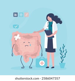 Sad suffering sick human intestines, internal organ asks for help. Gastroenterologist doctor and hurt intestines character with bandage. Sad and sick part of belly or human organ. vector illustration