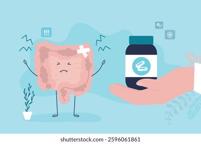 Sad suffering sick human intestines, internal organ asks for help. Doctor hand give vial with drugs for hurt intestines character. Sad and sick part of belly or human organ. flat vector illustration