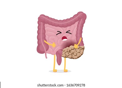 Sad suffering sick intestine colon cancer pain cartoon character. Abdominal cavity digestive and excretion human internal unhealthy bowel carcinoma organ. Vector organ tumor isolated illustration