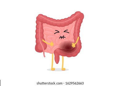 Sad suffering sick intestine pain cartoon character. Abdominal cavity digestive and excretion human internal unhealthy organ. Inflammation or poisoning indigestion concept vector isolated illustration
