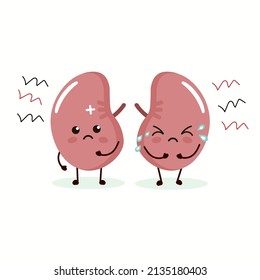 Sad suffering sick kidneys character. flat cartoon illustration icon design. Isolated on white backgound. Unhealthy cry kidneys character concept