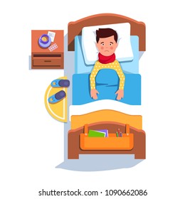 Sad suffering sick patient boy lying in hospital bed recovering from sore throat inflammation. Flu fever ill teen kid feeling unwell laying under blanket. Top view flat vector character illustration