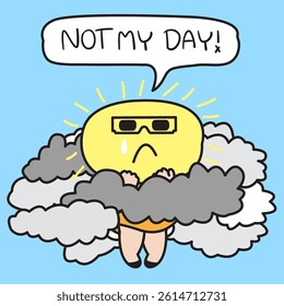 Sad Sun Hidden Behind Dark Clouds Like Today Is Not Its Day Concept Card Character illustration