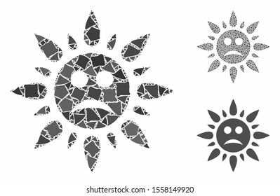 Sad sun light composition of tremulant items in different sizes and shades, based on sad sun light icon. Vector ragged items are united into illustration.