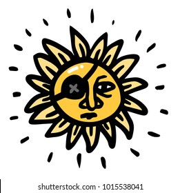 sad sun with a patch in his one-eyed eye