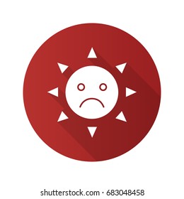 Sad sun smile flat design long shadow glyph icon. Bad mood. Vector silhouette illustration
