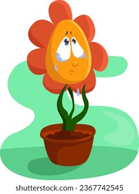 Sad sunflower in a pot, illustration, vector on a white background.