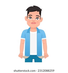 A sad, surprised child with empty pockets. A little boy with no money. No money. A guy with his pockets turned out. Vector cartoon illustration on a white background.