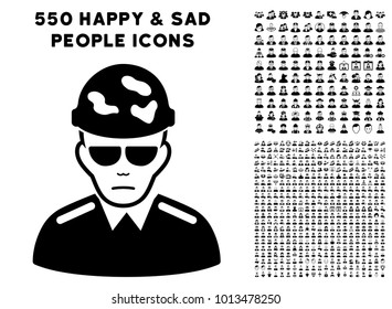 Sad Swat Soldier icon with 550 bonus pity and glad user clip art. Vector illustration style is flat black iconic symbols.